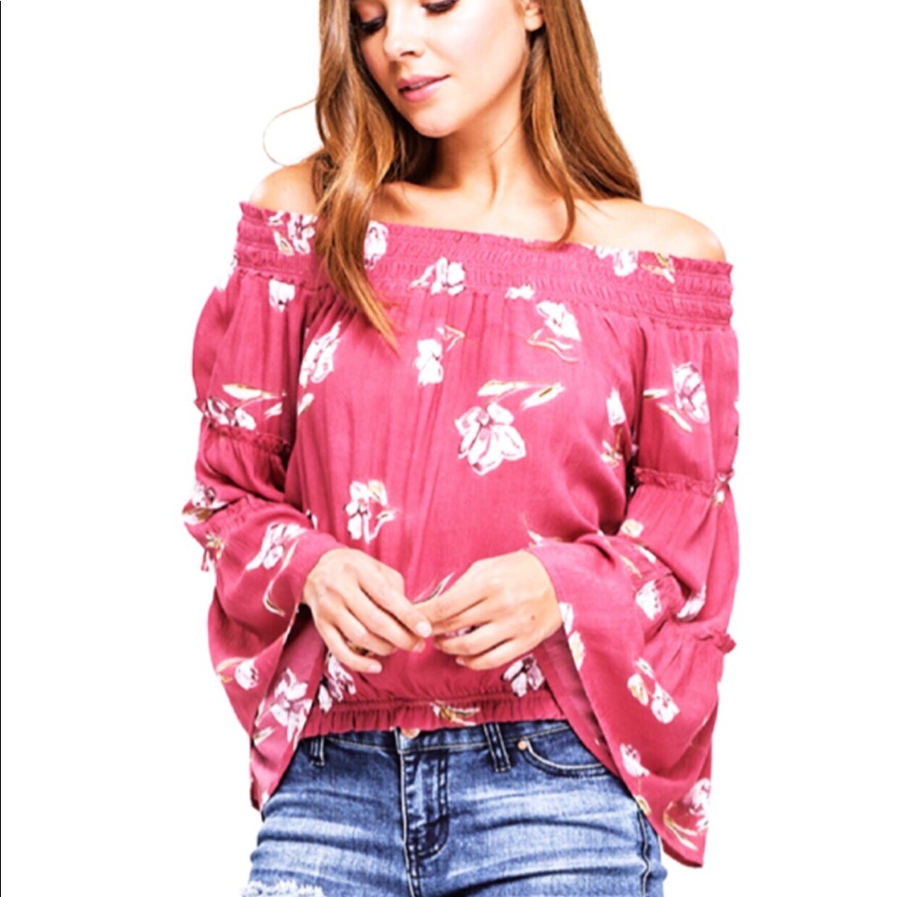 Rose colored floral off the shoulder top
